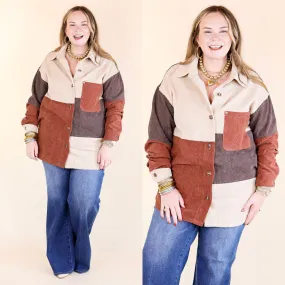 Casual Cuddles Color Block Corduroy Shacket in Brown Mix