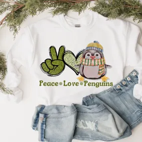 Peace Love Penguins Winter or Christmas Crewneck Sweatshirt Gift for Her Hand Drawn Penguin Unisex Size Cozy Oversize Pullover