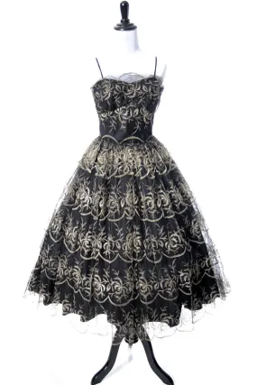 1950s Tulle Vintage Dress with Gold Embroidery SOLD