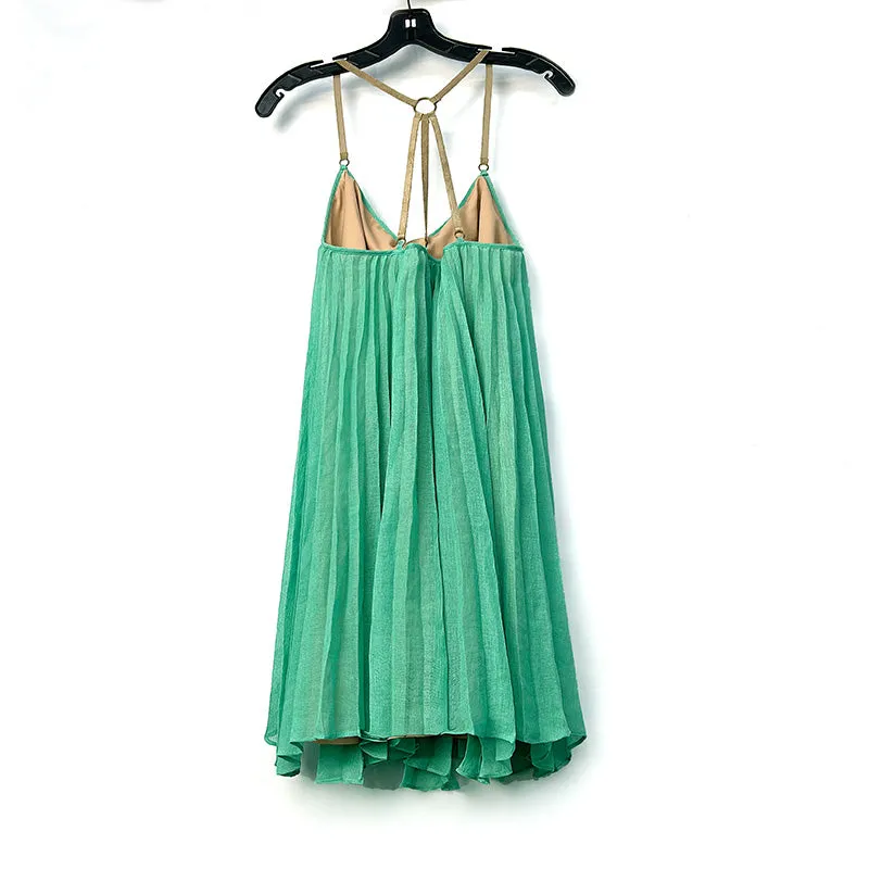 9D51 Women solid gauze V-neck backless strappy pleated mini dress