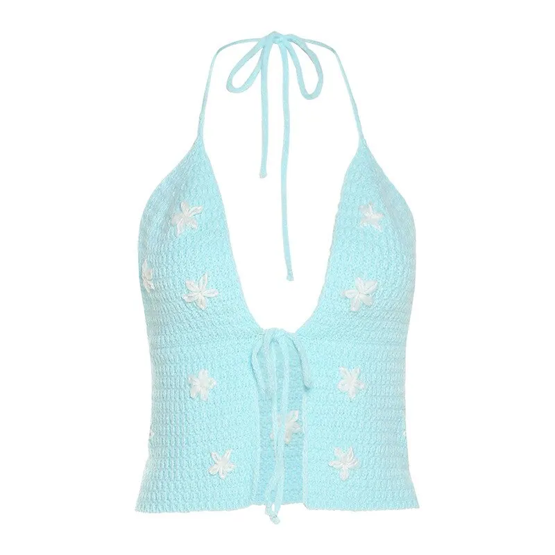 Amozae--ArtSu Blue Crochet Top Y2K Clothes Floral Backless   Tops Vest Tanks Camis Summer Cute Halter Neck   Crop Top Femme Cami