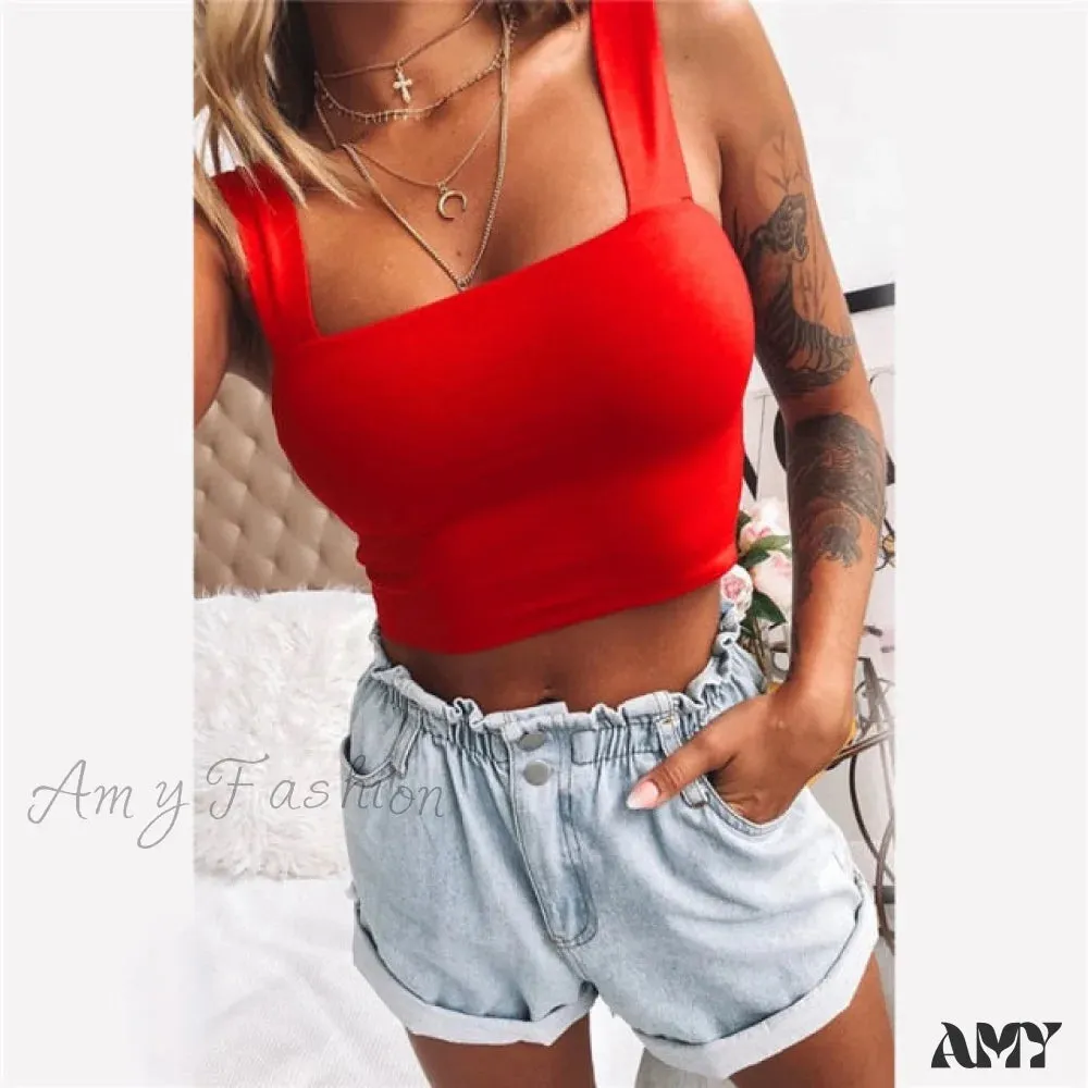 Amy Fashion - Vest Off Shoulder Knitted Candy Colors Crop Tops