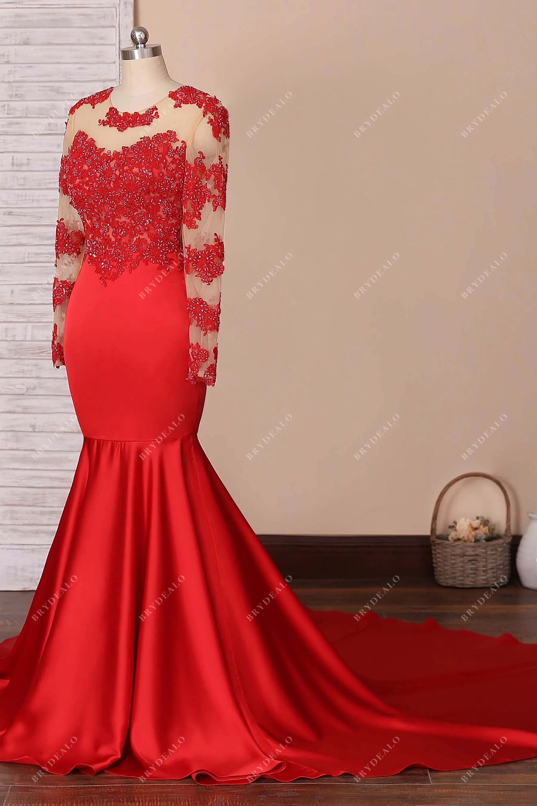 Beaded Red Lace Illusion Sleeve Trumpet Prom Dress