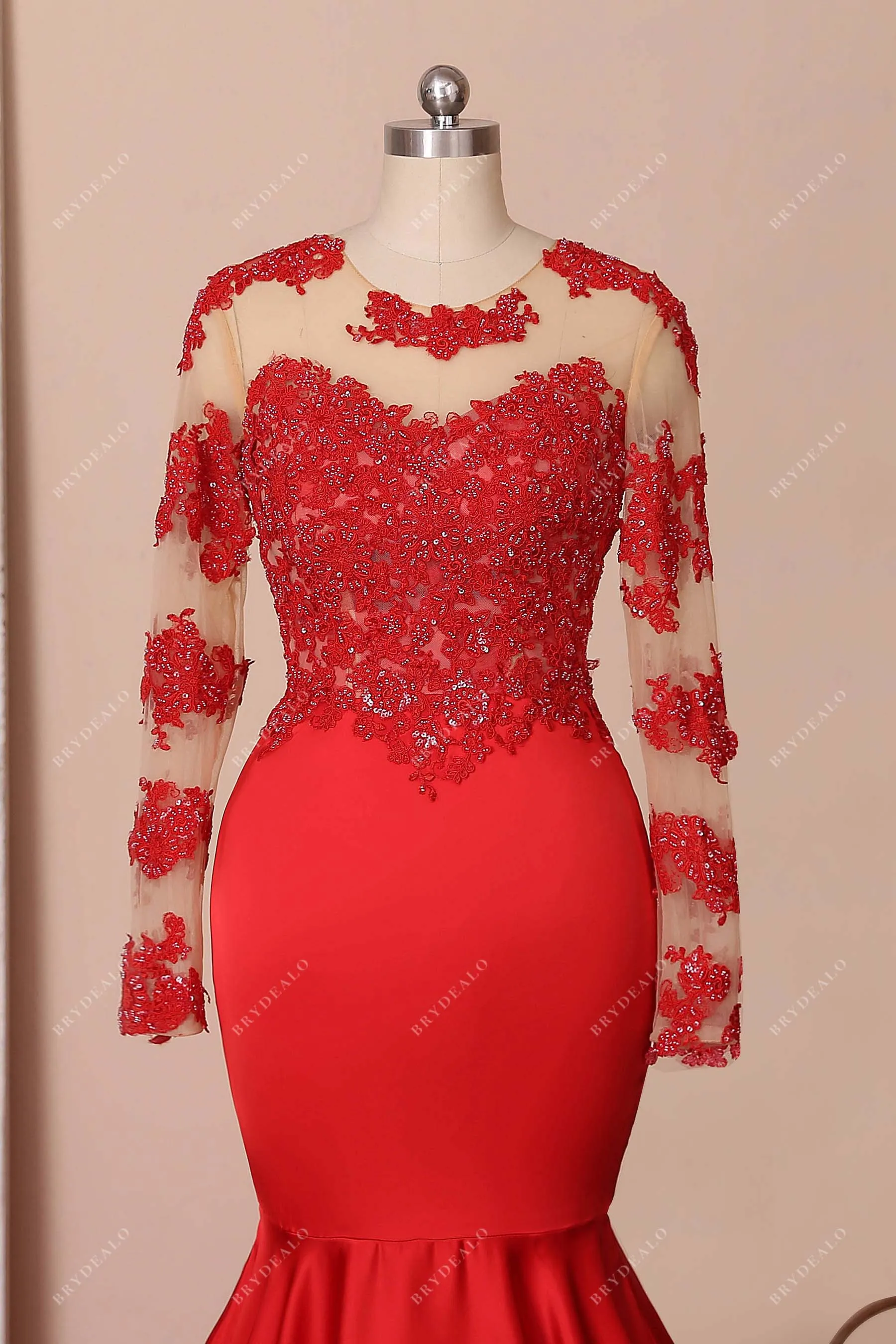 Beaded Red Lace Illusion Sleeve Trumpet Prom Dress