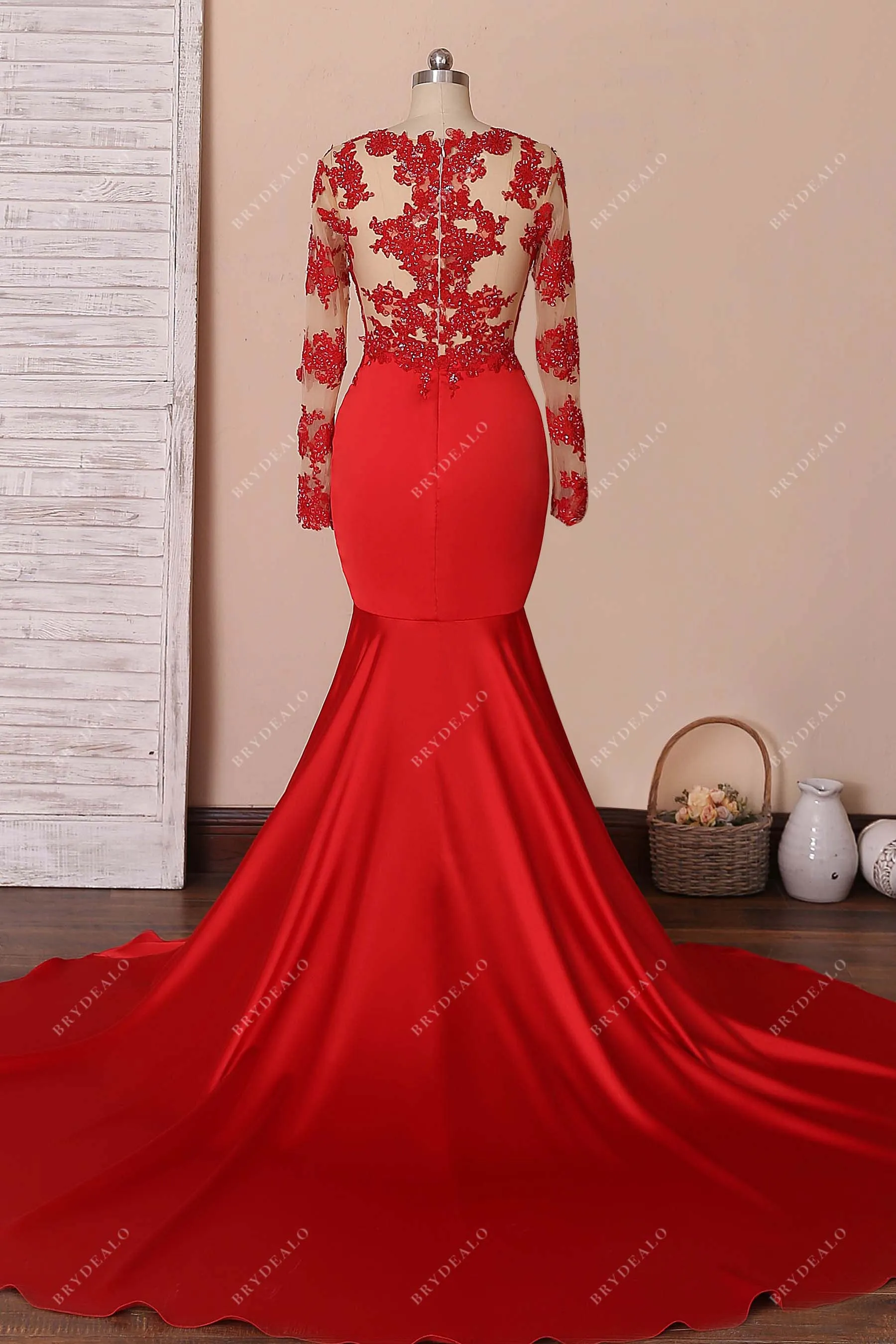 Beaded Red Lace Illusion Sleeve Trumpet Prom Dress