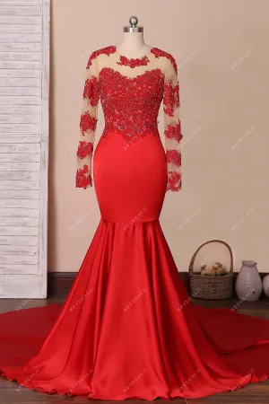 Beaded Red Lace Illusion Sleeve Trumpet Prom Dress