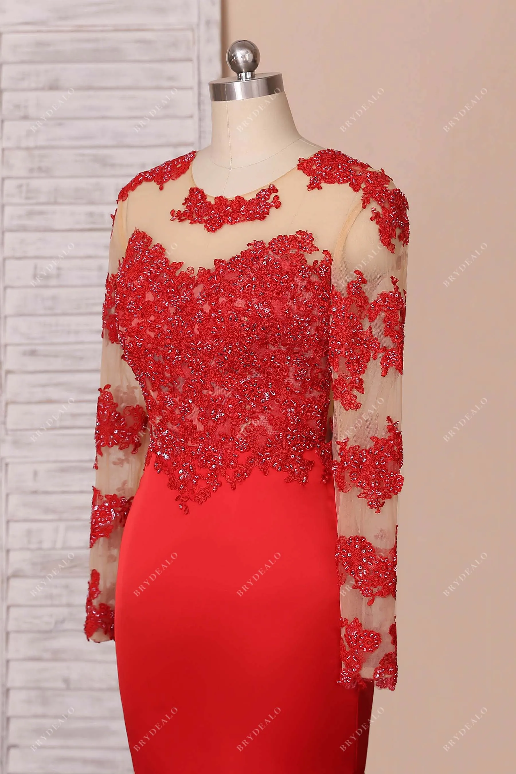 Beaded Red Lace Illusion Sleeve Trumpet Prom Dress