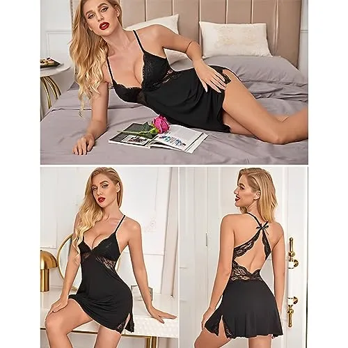 BELLEVINO Women's Babydoll Dress Solid Chemise Ruffle Lingerie Set V-Neck Sleeveless Honeymoon Nightwear with Thong Panty Anniversary and Valentine Gift Black