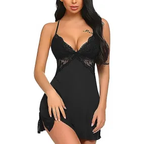 BELLEVINO Women's Babydoll Dress Solid Chemise Ruffle Lingerie Set V-Neck Sleeveless Honeymoon Nightwear with Thong Panty Anniversary and Valentine Gift Black