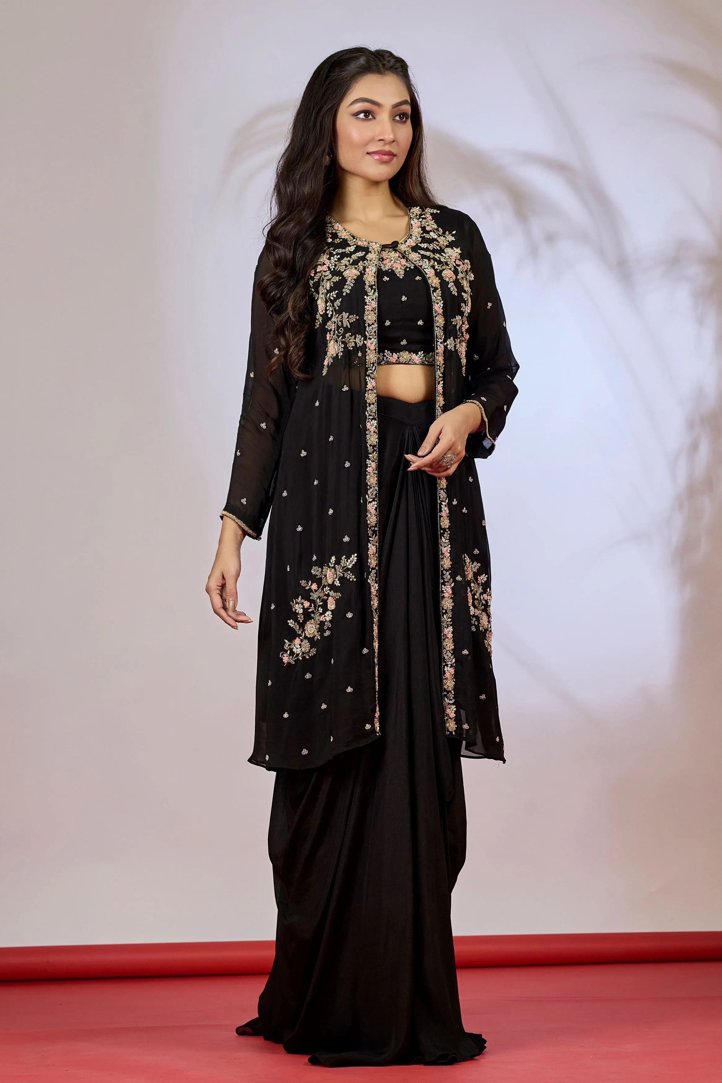 Black Embellished Chinon Silk Cape Set