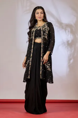 Black Embellished Chinon Silk Cape Set