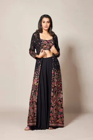 Black Embroidered Swiss Georgette Silk Cape Set