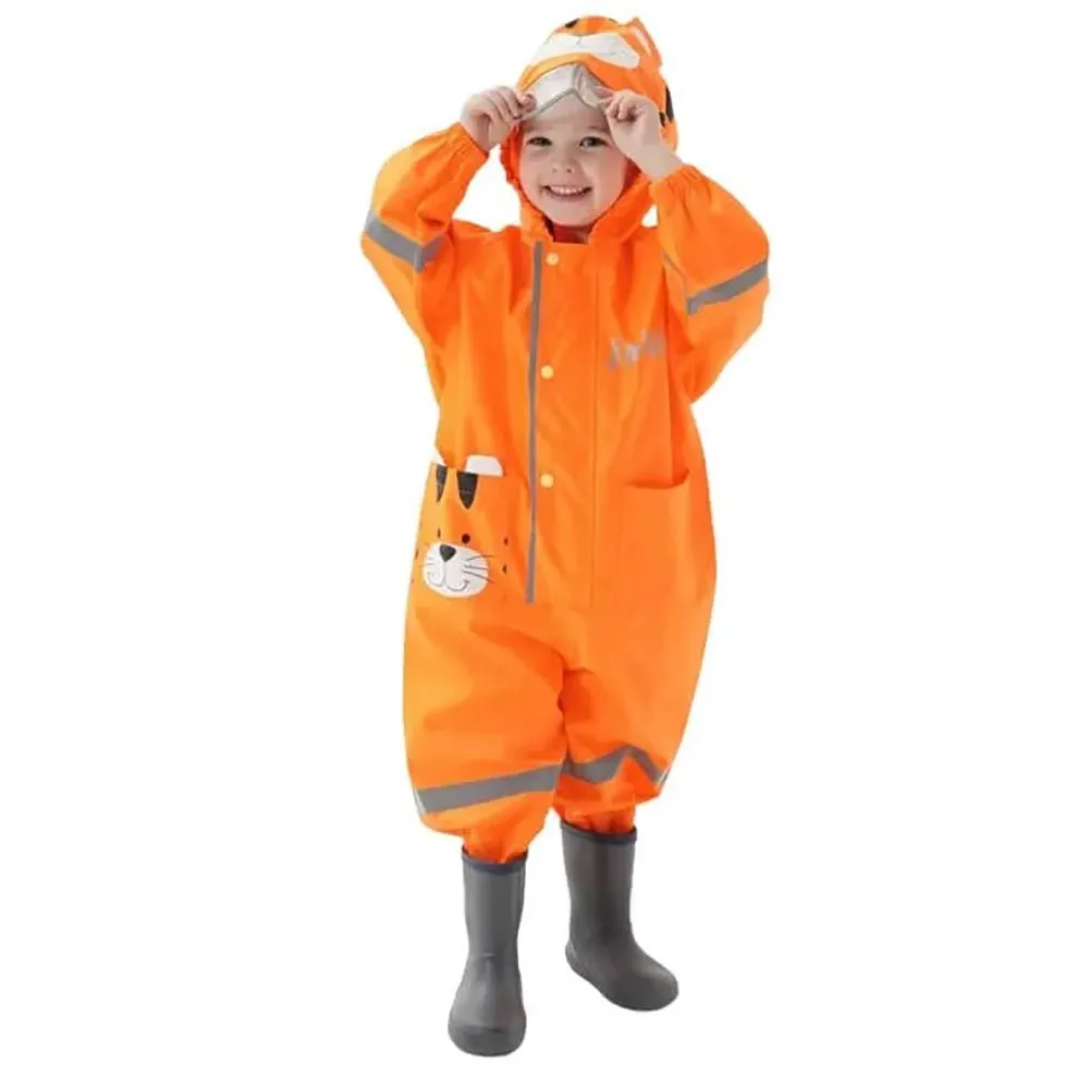 Bright Orange Roaring Tiger Theme All Over Jumpsuit / Playsuit Raincoat for Kids