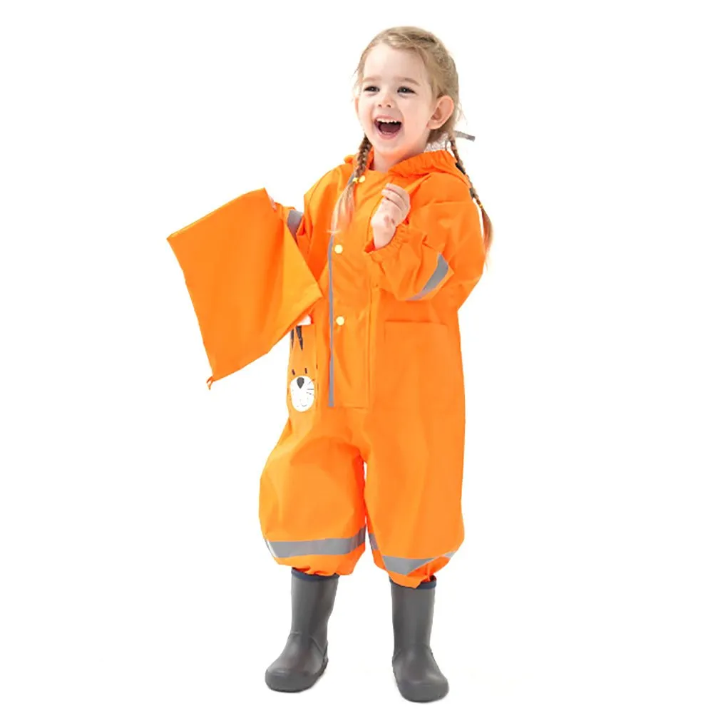 Bright Orange Roaring Tiger Theme All Over Jumpsuit / Playsuit Raincoat for Kids