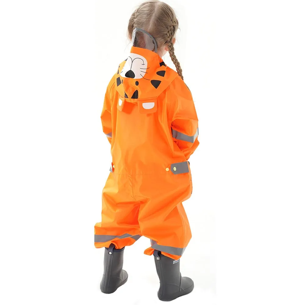 Bright Orange Roaring Tiger Theme All Over Jumpsuit / Playsuit Raincoat for Kids