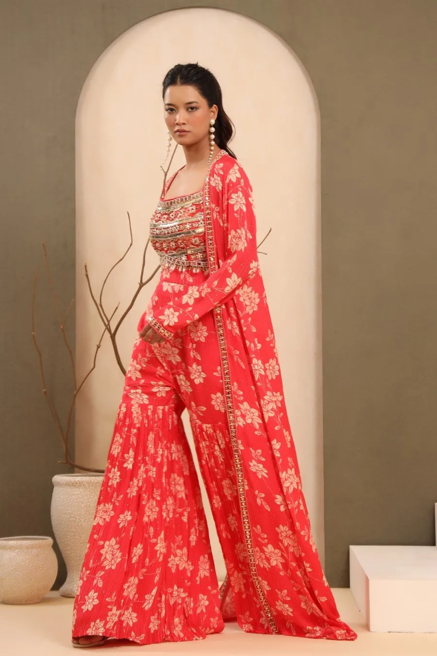 Bright Pink Embellished &amp; Printed Sharara with Cape