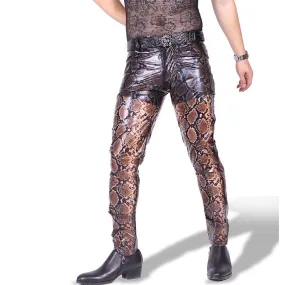 Brown Snake Skin Printed Leather Pants