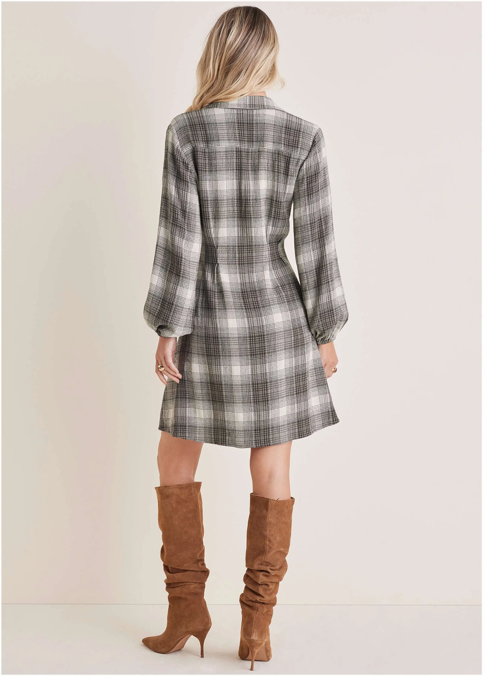 Brushed Plaid Dress  - White & Black