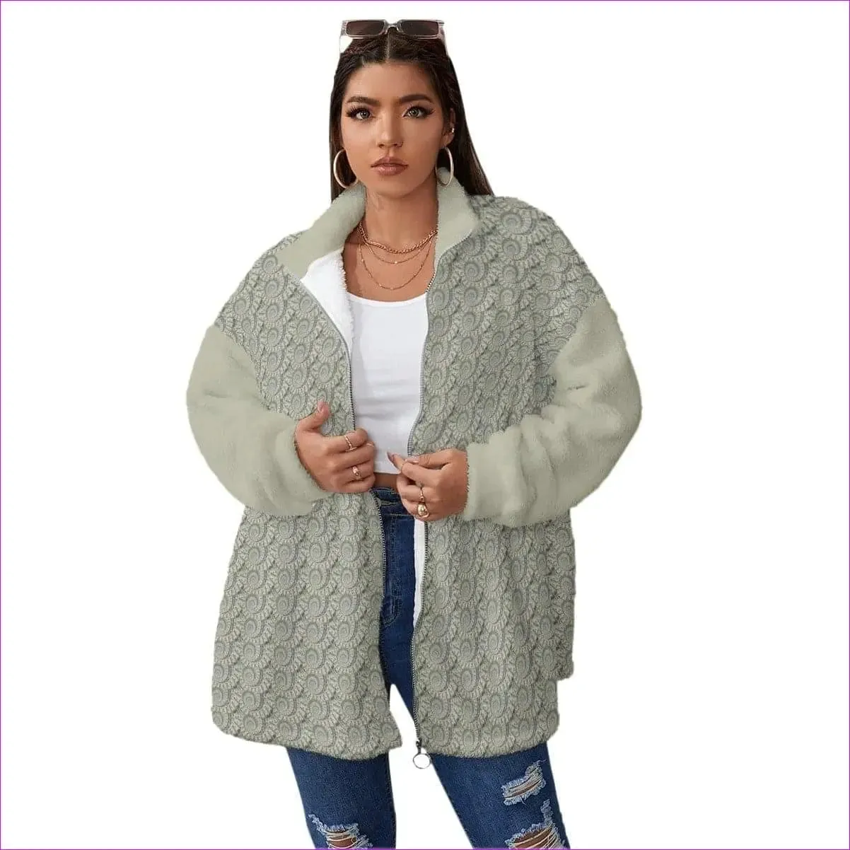 Cash Womens Block Borg Stand-up Collar Coat With Zipper Voluptuous ( ) Plus Size