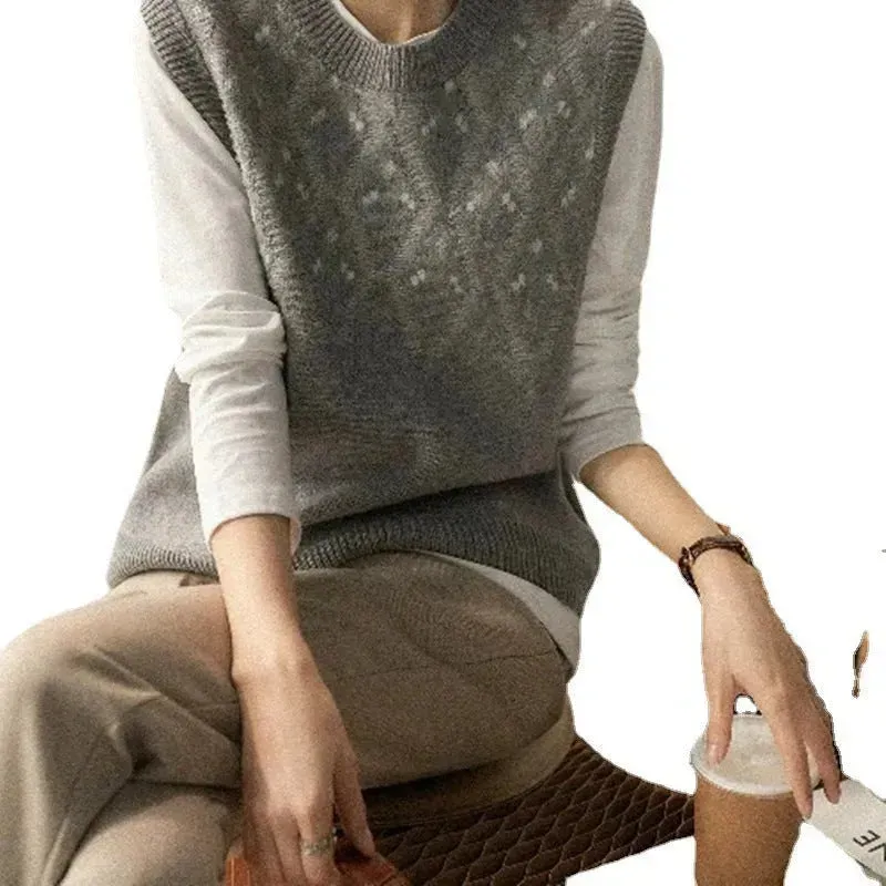 Cashmere Jacquard Sleeveless Round Neck Knitted Sweater Vest for Women