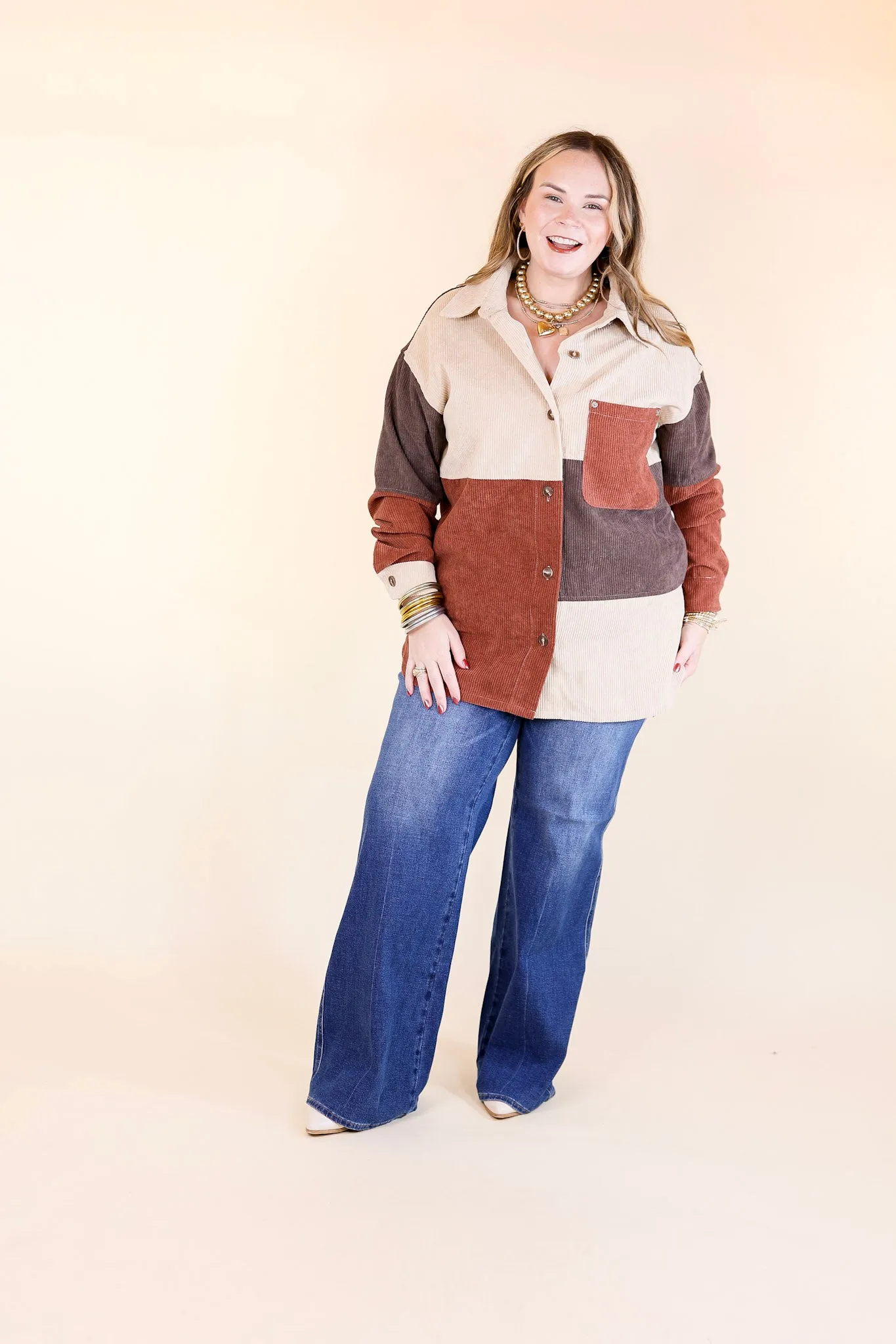 Casual Cuddles Color Block Corduroy Shacket in Brown Mix