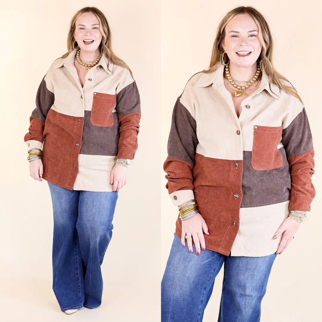 Casual Cuddles Color Block Corduroy Shacket in Brown Mix