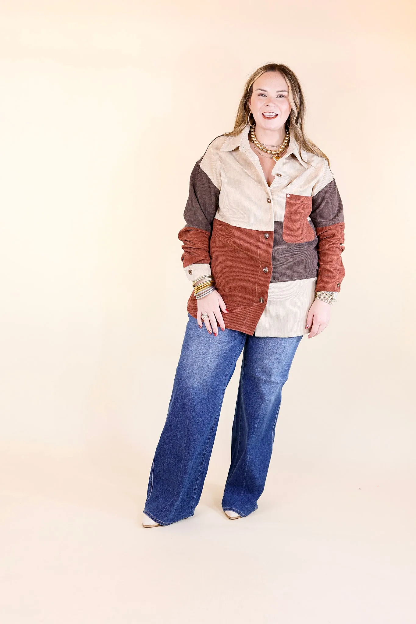 Casual Cuddles Color Block Corduroy Shacket in Brown Mix