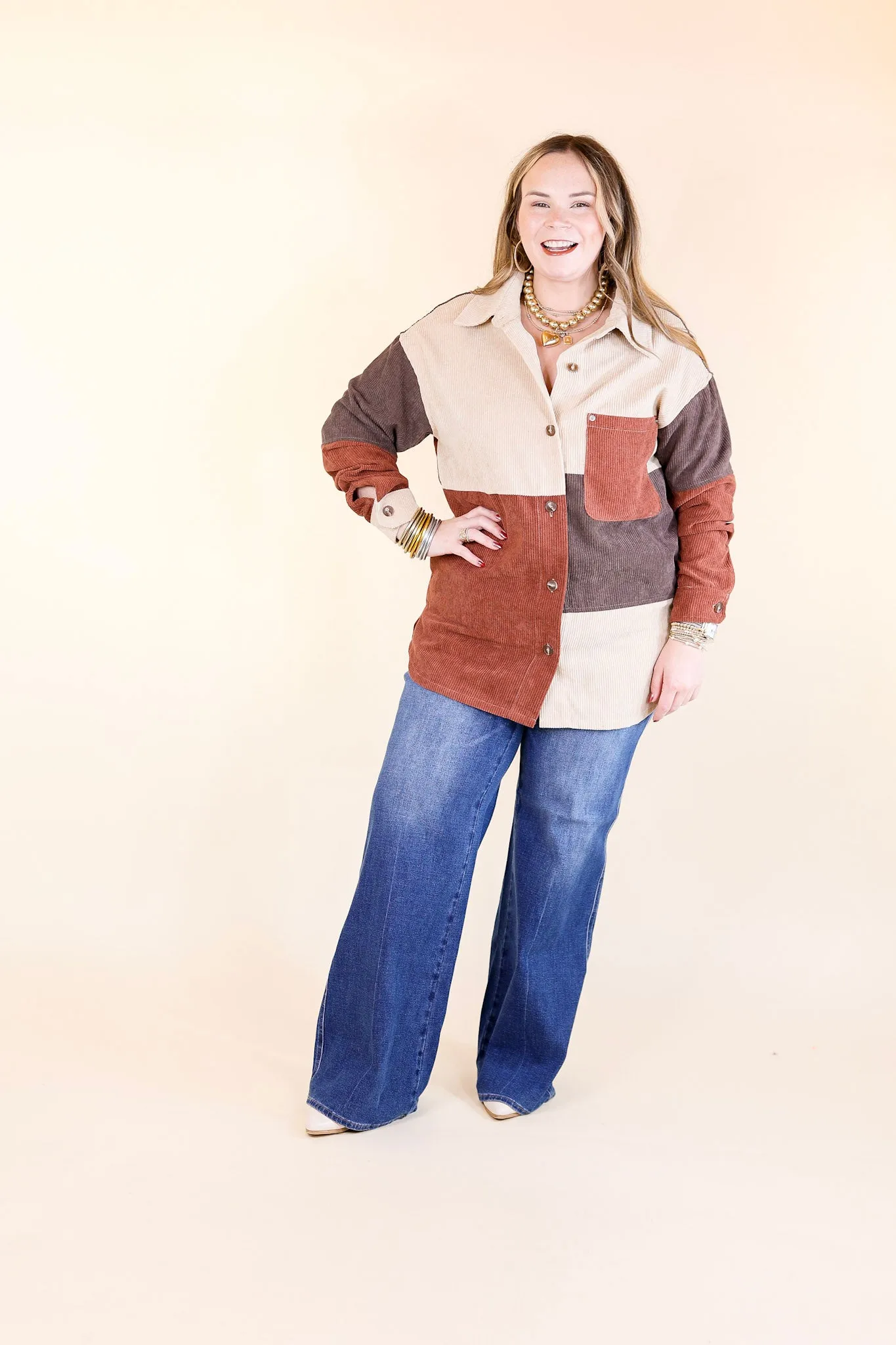 Casual Cuddles Color Block Corduroy Shacket in Brown Mix