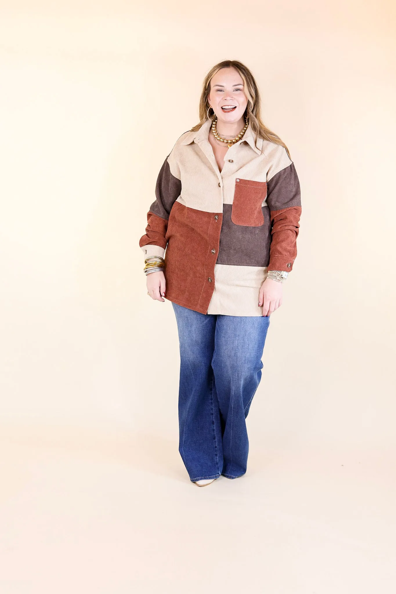 Casual Cuddles Color Block Corduroy Shacket in Brown Mix