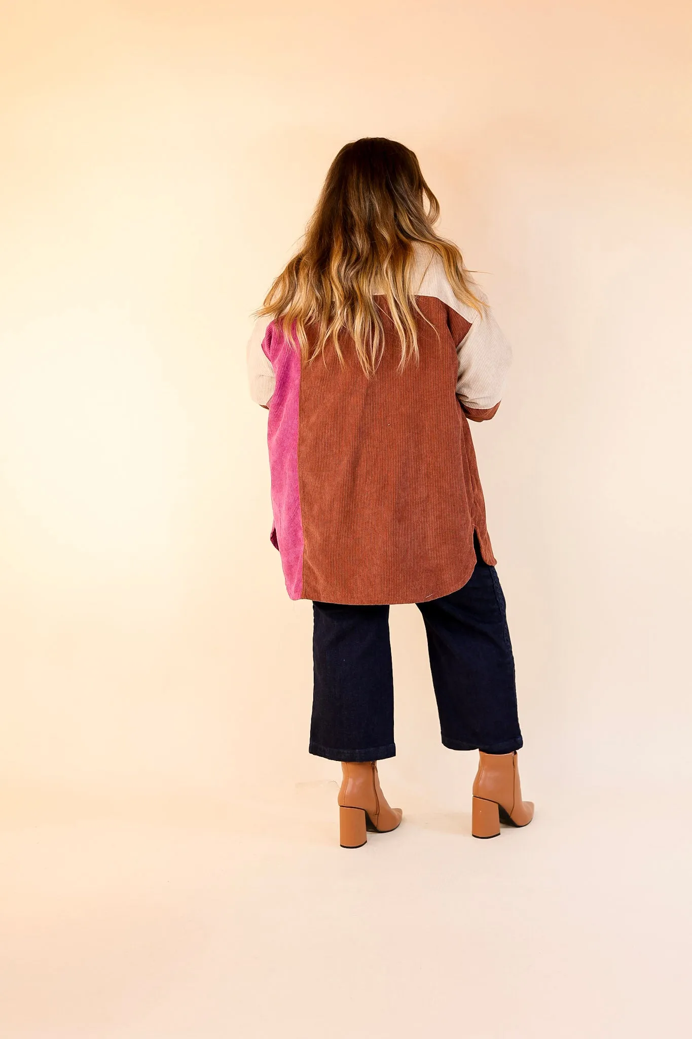 Casual Cuddles Color Block Corduroy Shacket in Magenta Mix