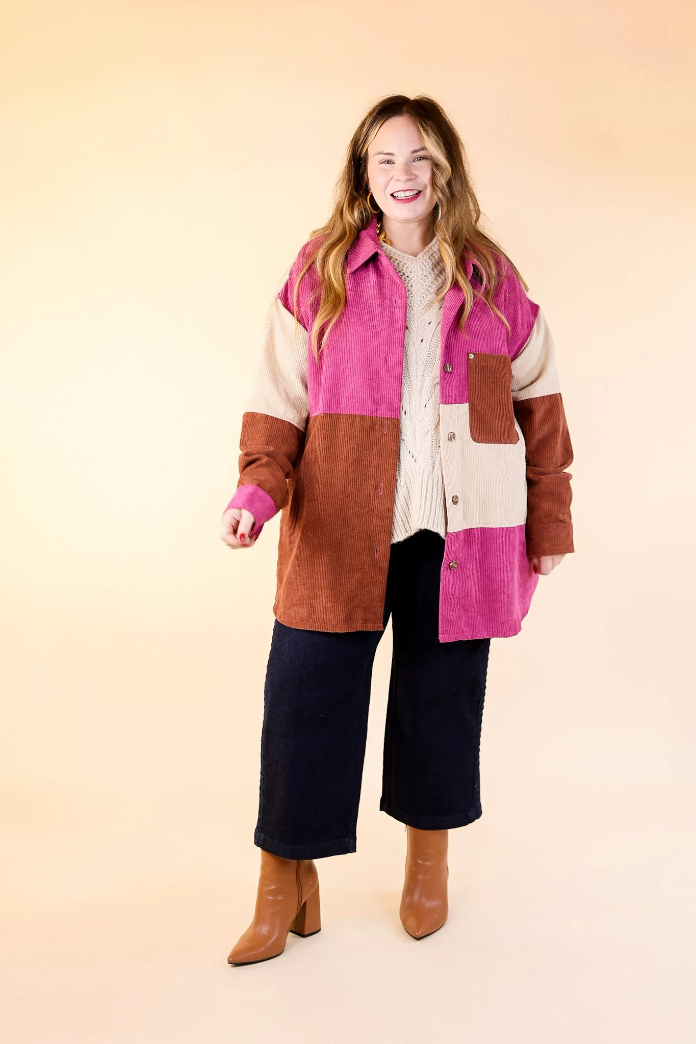 Casual Cuddles Color Block Corduroy Shacket in Magenta Mix