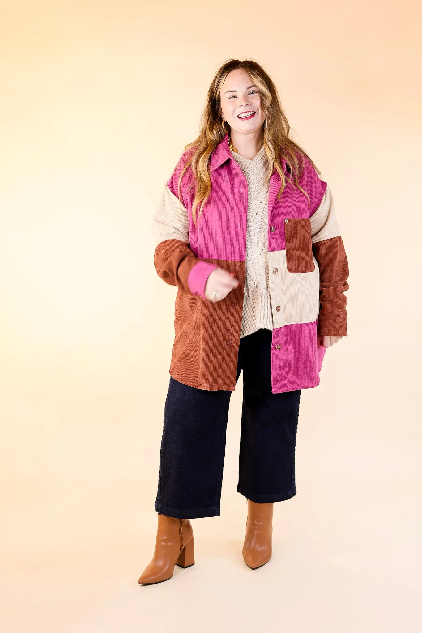 Casual Cuddles Color Block Corduroy Shacket in Magenta Mix