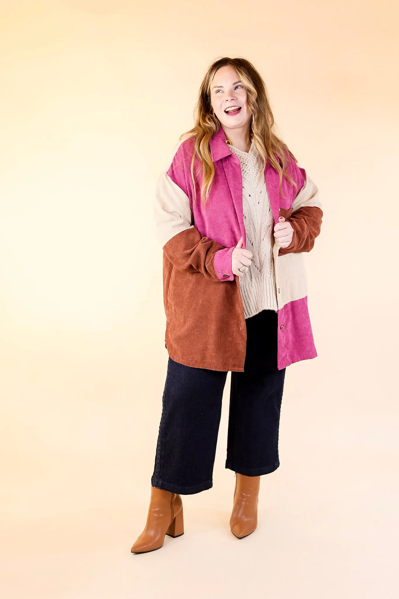 Casual Cuddles Color Block Corduroy Shacket in Magenta Mix