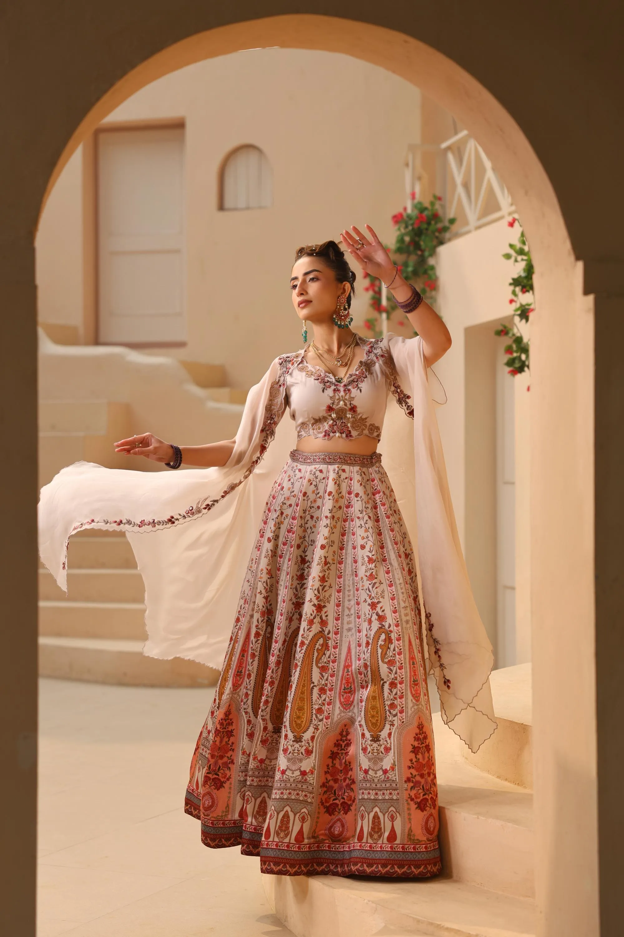 Champagne Traditional Kashmiri Printed Cape Lehenga Set