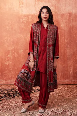 Cherry Red Ajrakh Printed Habutai Silk Cape Co-Ord Set