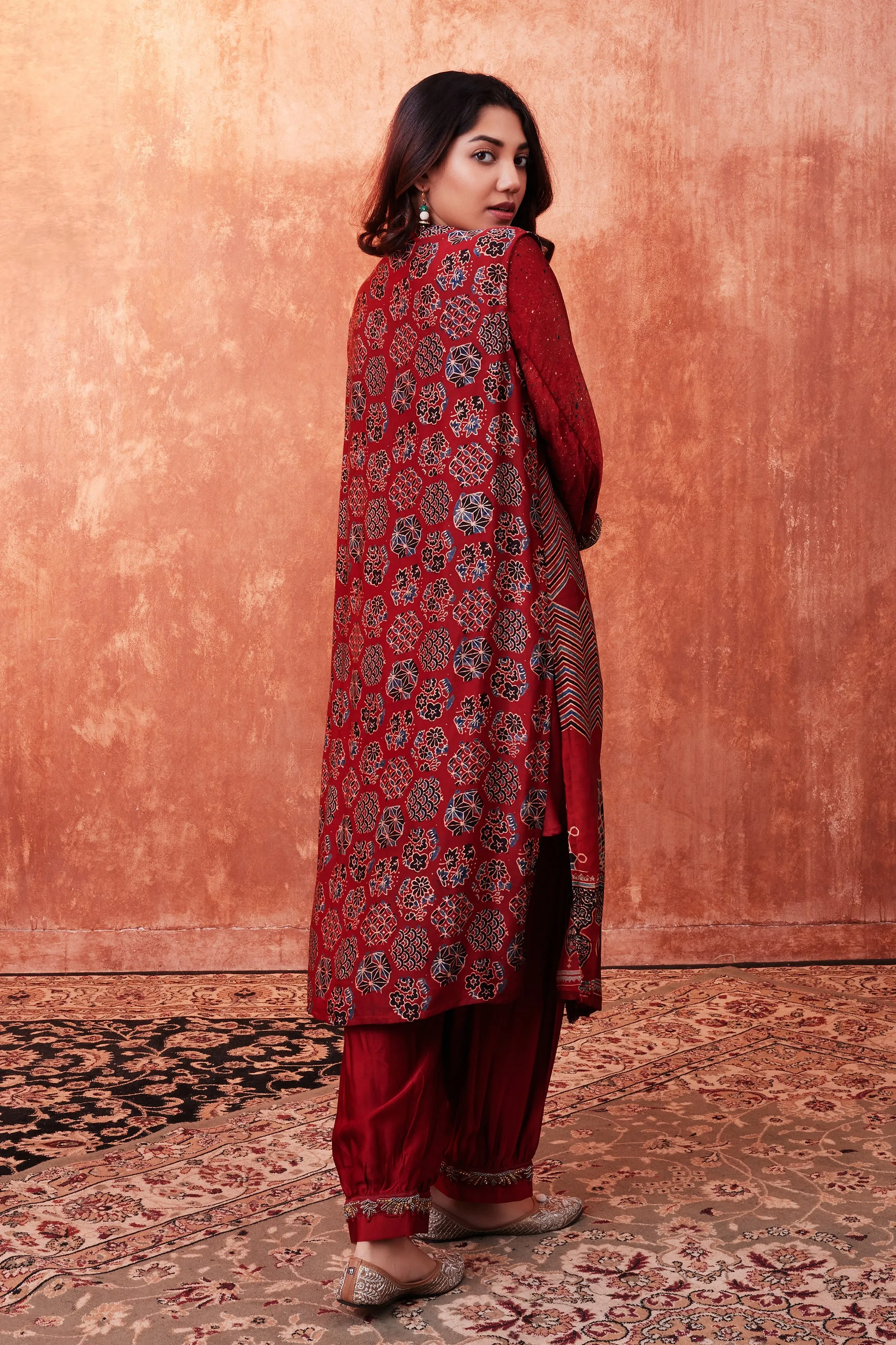 Cherry Red Ajrakh Printed Habutai Silk Cape Co-Ord Set