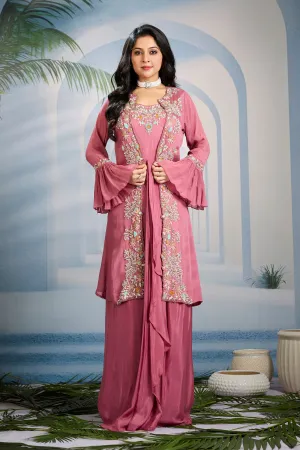 Chic Pink Embellished Chinon Silk Cape Gown