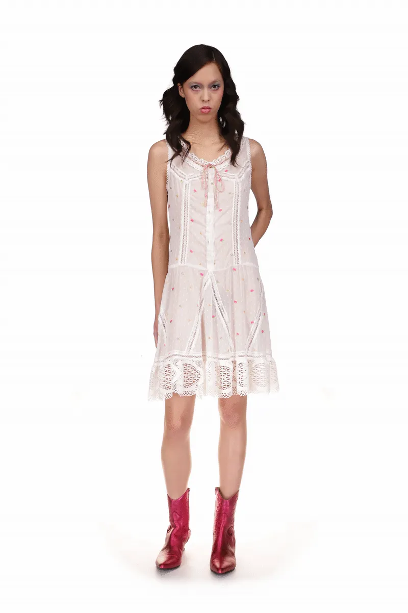 Cluny Lace Trimmed Floral Swiss Dot Slip Dress