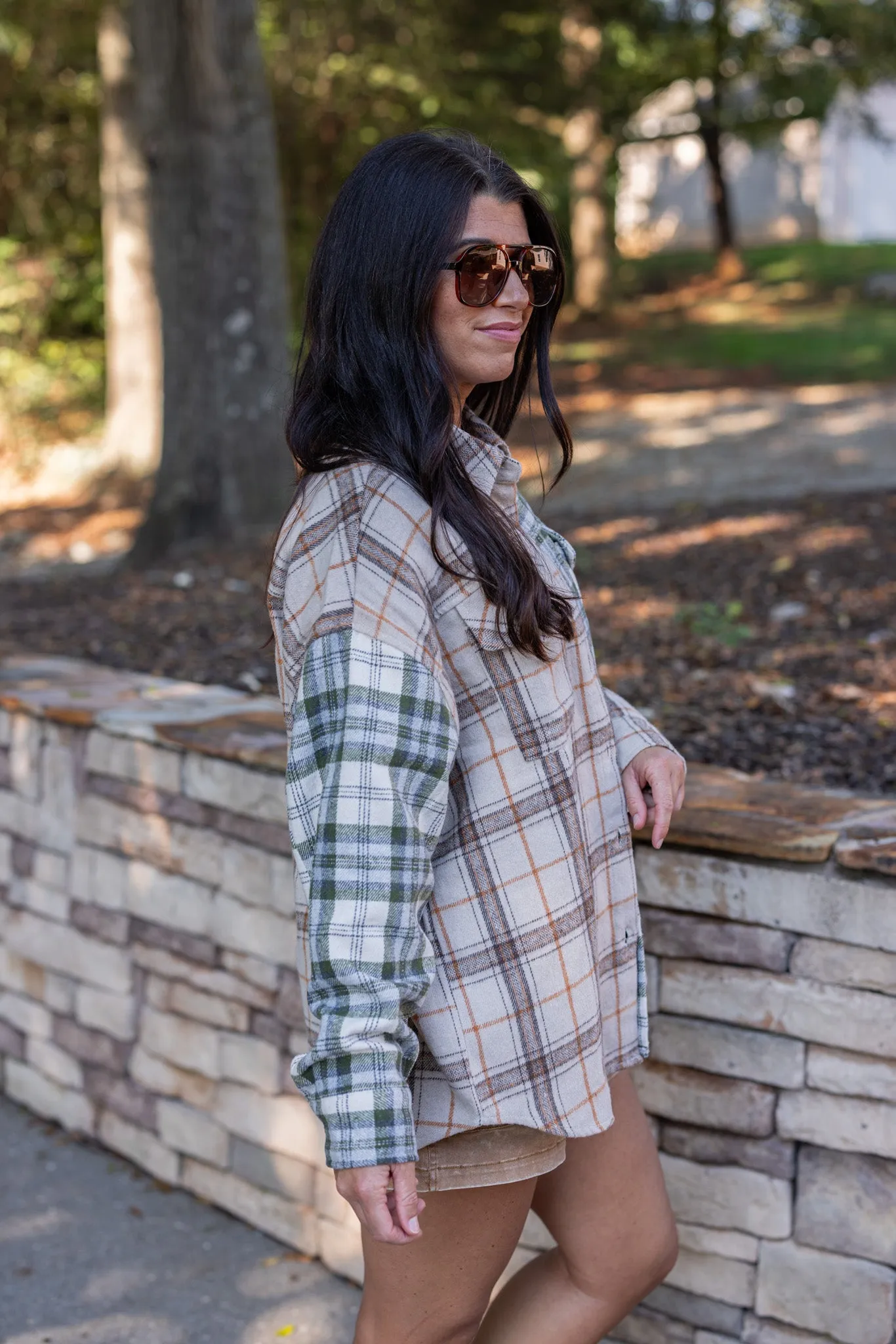 Colorblocked Plaid Olive Flannel Top