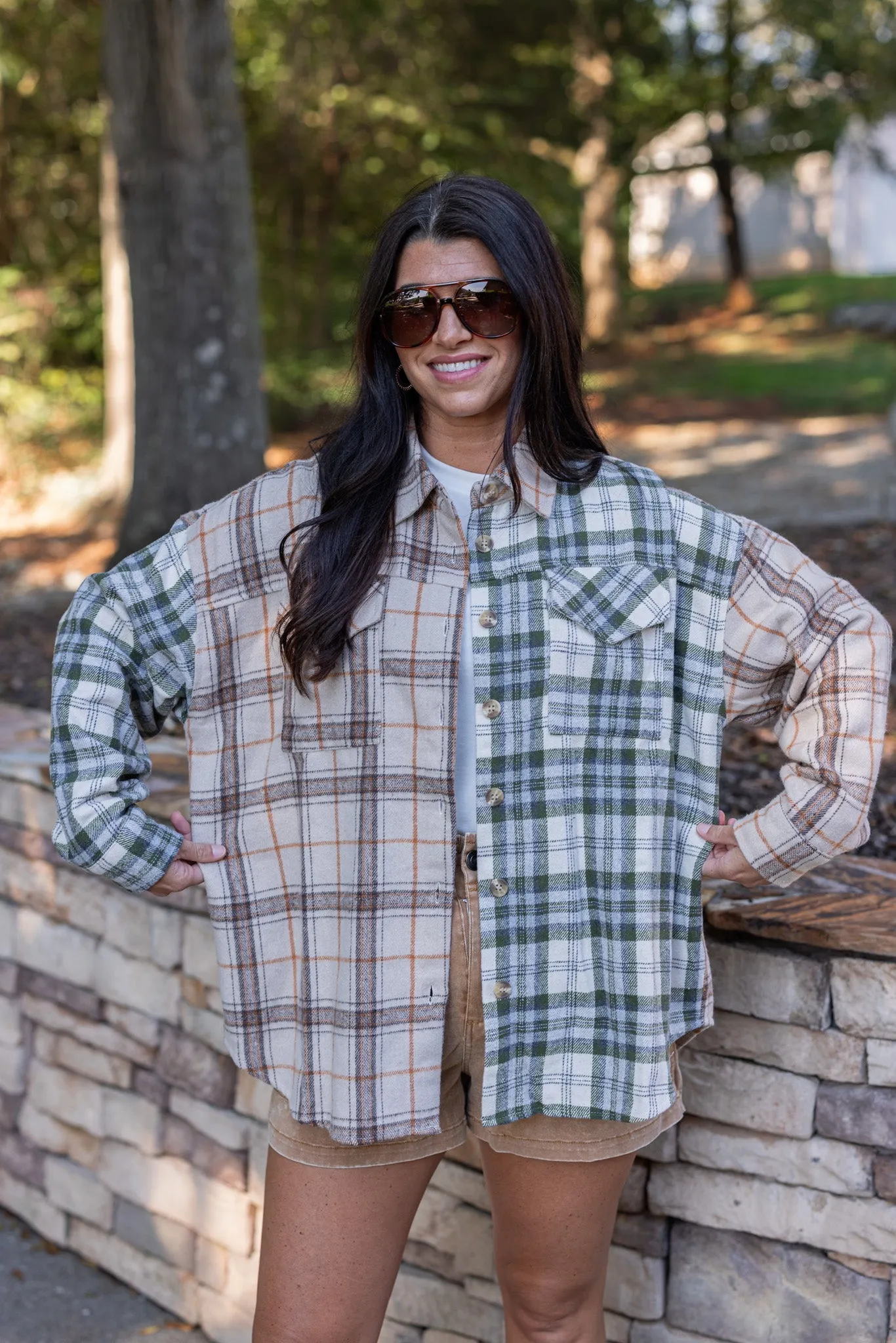 Colorblocked Plaid Olive Flannel Top