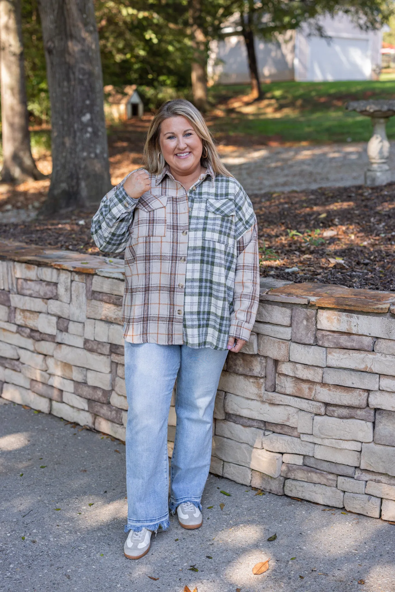 Colorblocked Plaid Olive Flannel Top