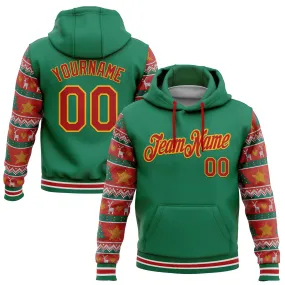 Custom Stitched Kelly Green Red-Gold 3D Christmas Sports Pullover Sweatshirt Hoodie