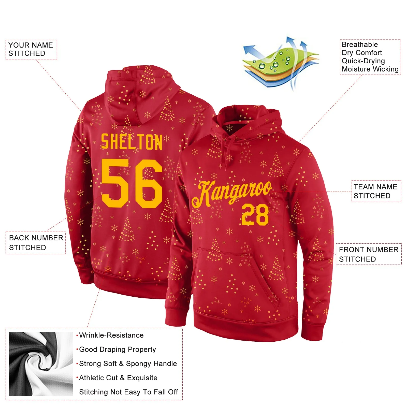 Custom Stitched Red Gold Christmas 3D Sports Pullover Sweatshirt Hoodie