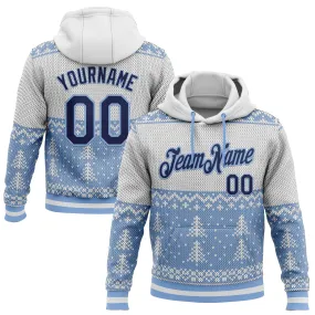 Custom Stitched White Navy-Light Blue 3D Christmas Sports Pullover Sweatshirt Hoodie