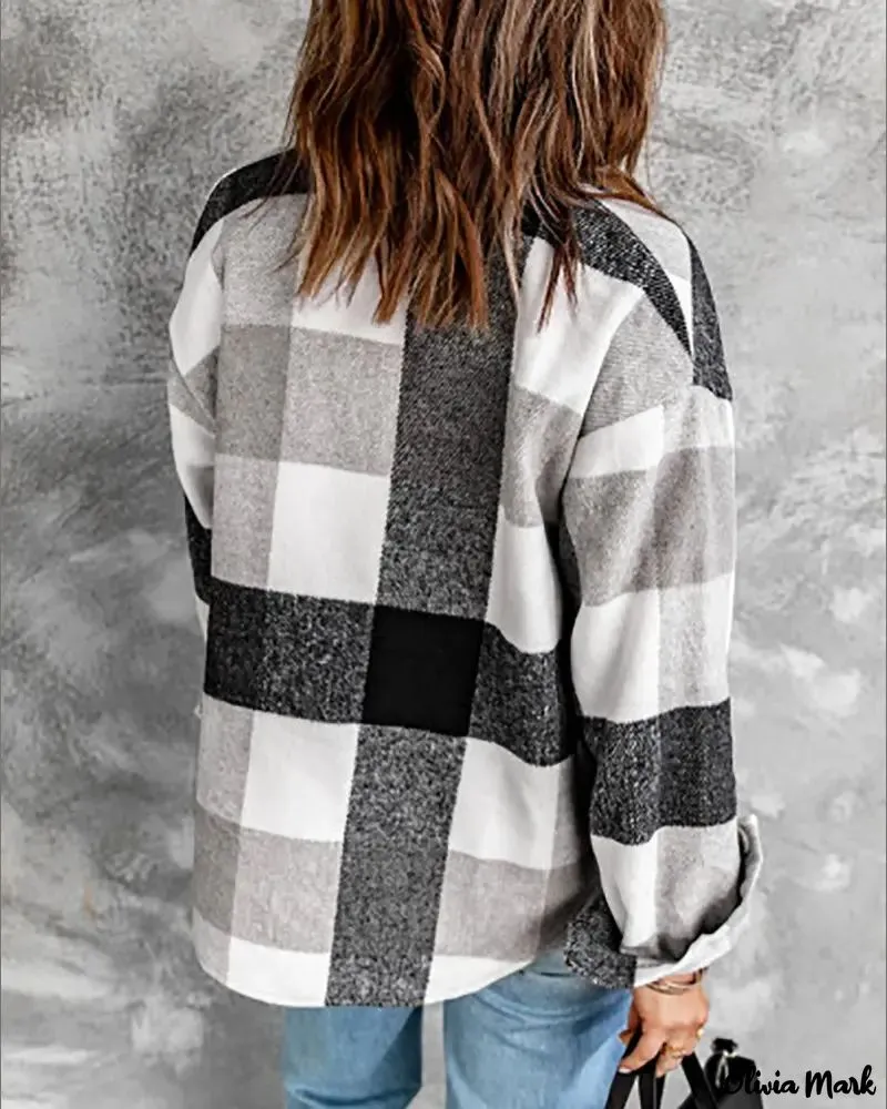 Deanwangkt - Plaid Print Long Sleeve Jacket With Button Pocket