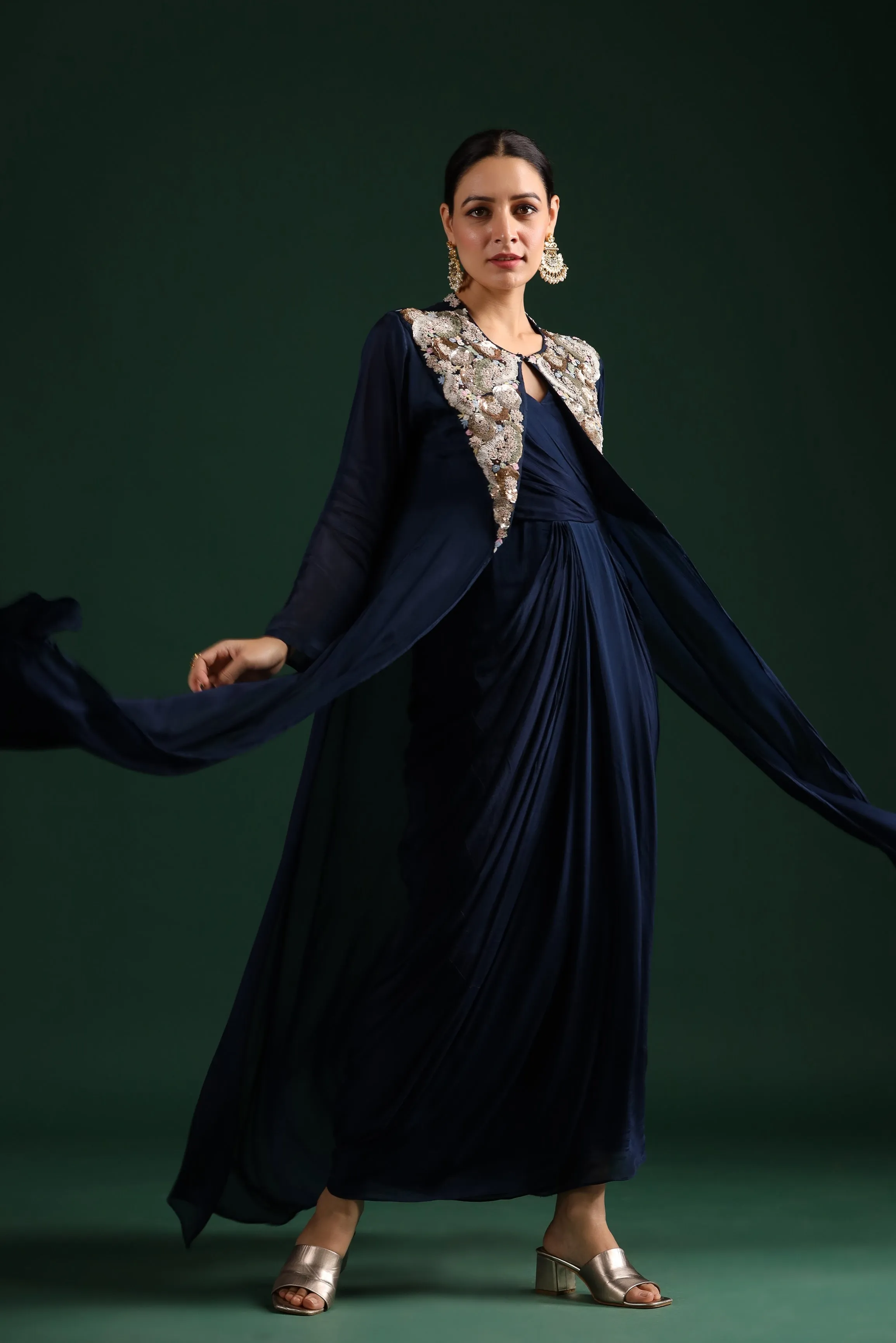 Deep Blue Embellished Draped Cape Dress