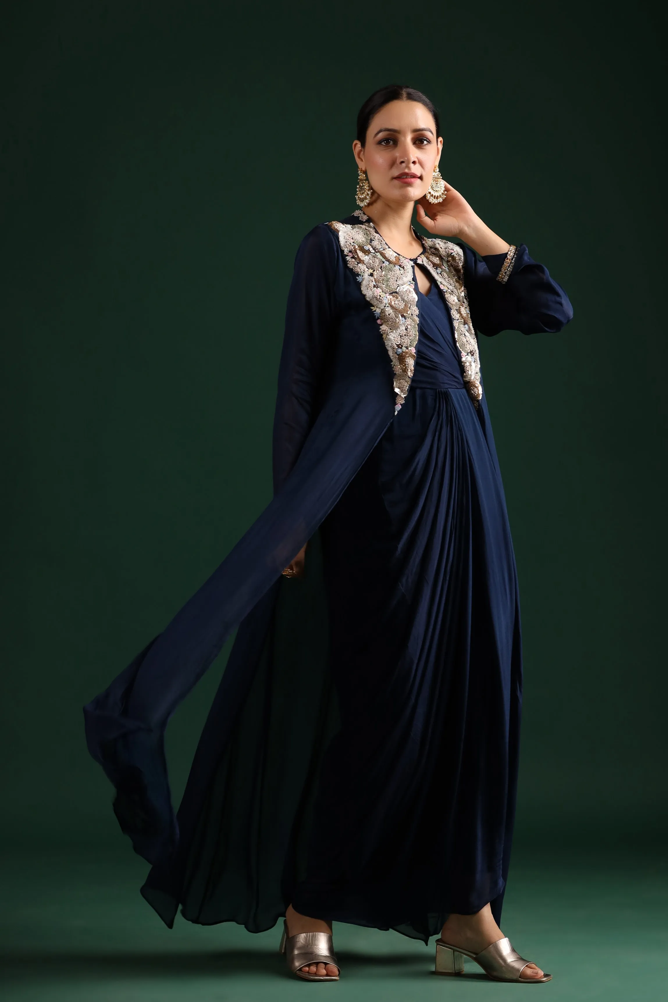 Deep Blue Embellished Draped Cape Dress