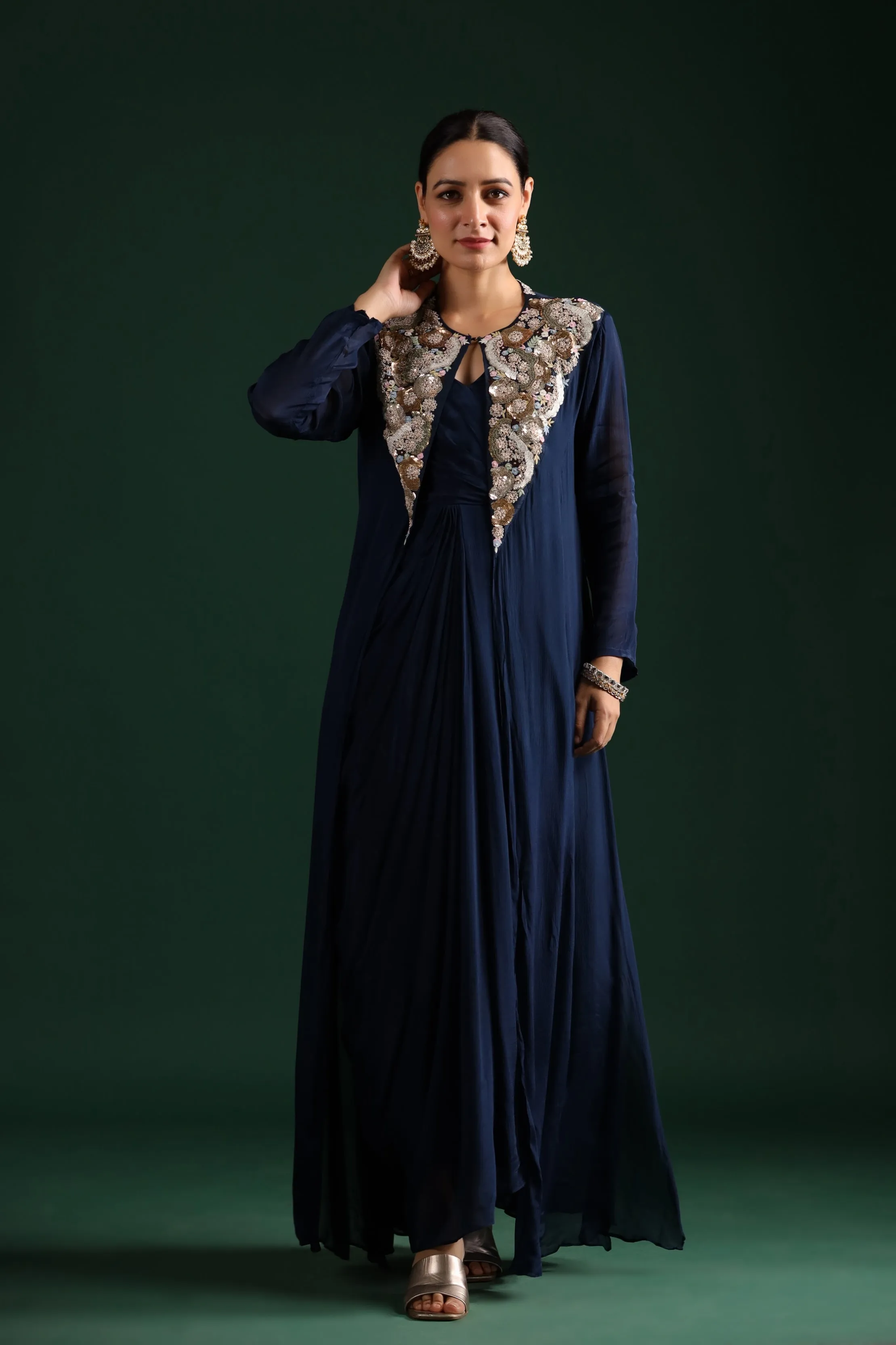 Deep Blue Embellished Draped Cape Dress