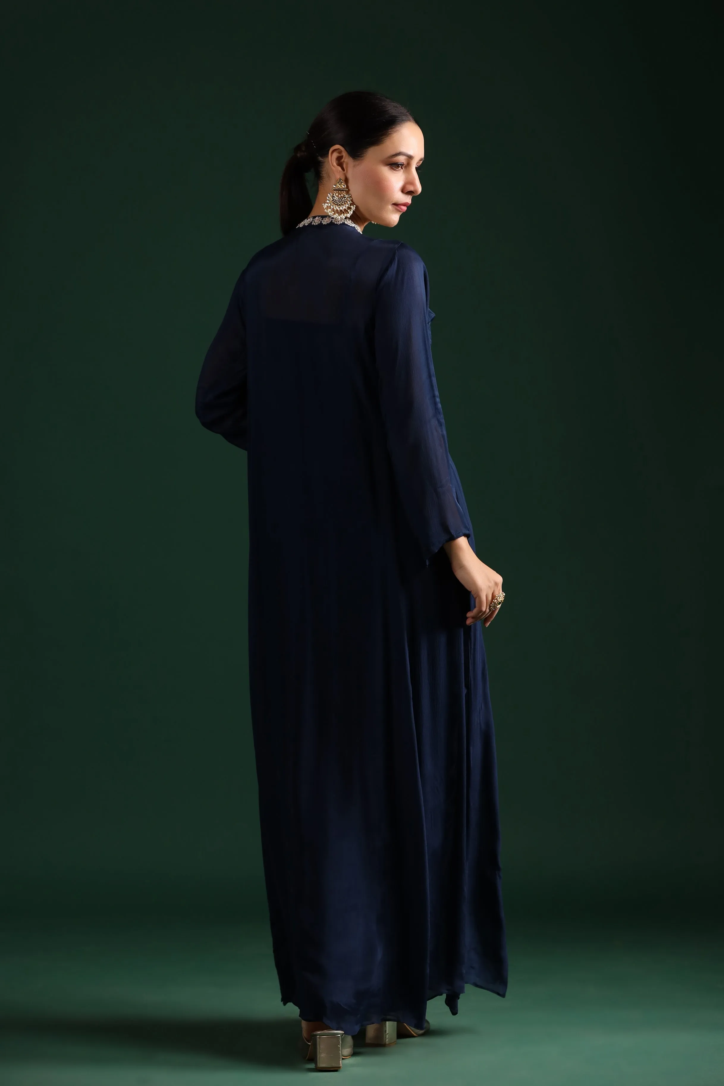 Deep Blue Embellished Draped Cape Dress