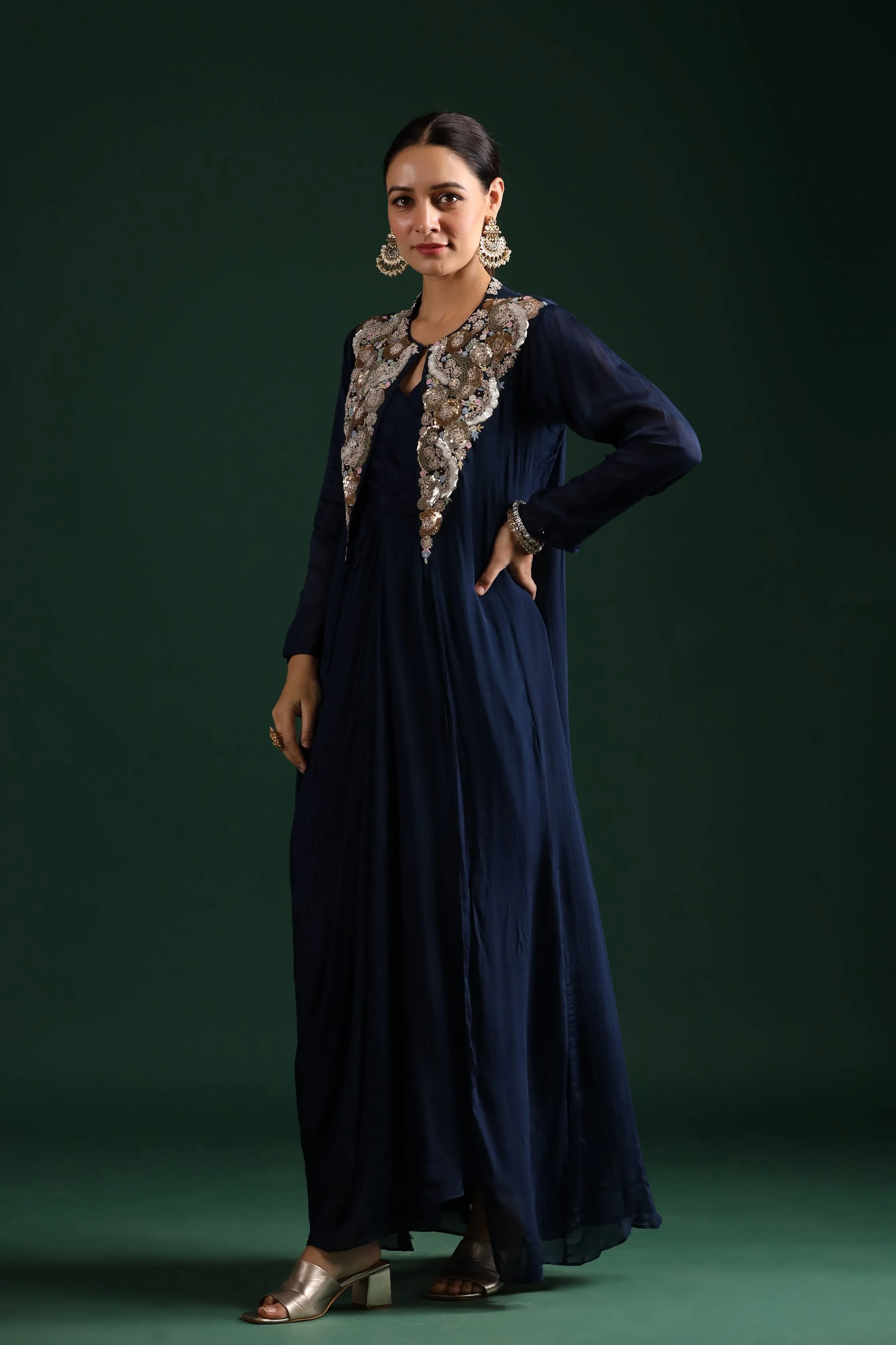 Deep Blue Embellished Draped Cape Dress